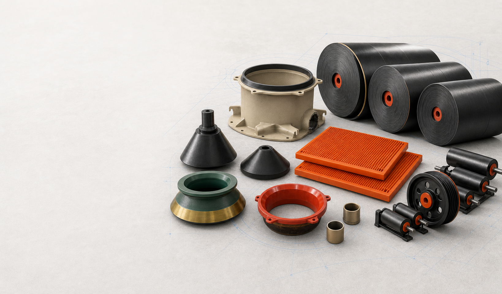 Mining wear parts, conveyor belts, screening media and conveying components